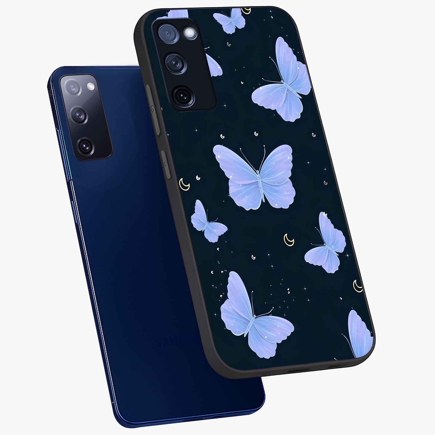 Butterfly With Stars Pattern Glass Case displayed in angled mockup highlighting dreamy butterfly and star design with aesthetic theme.