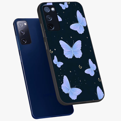 Butterfly With Stars Pattern Glass Case displayed in angled mockup highlighting dreamy butterfly and star design with aesthetic theme.