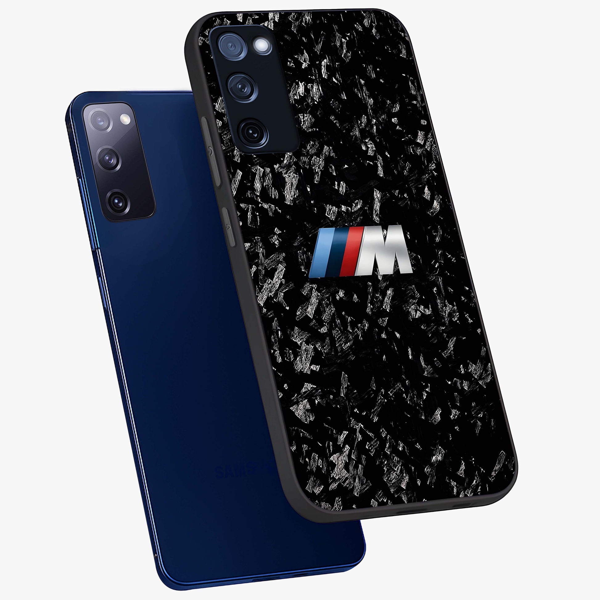 Carbon Speed Mark Glass Case displayed in angled mockup highlighting racing inspired carbon design and sleek aesthetic style.