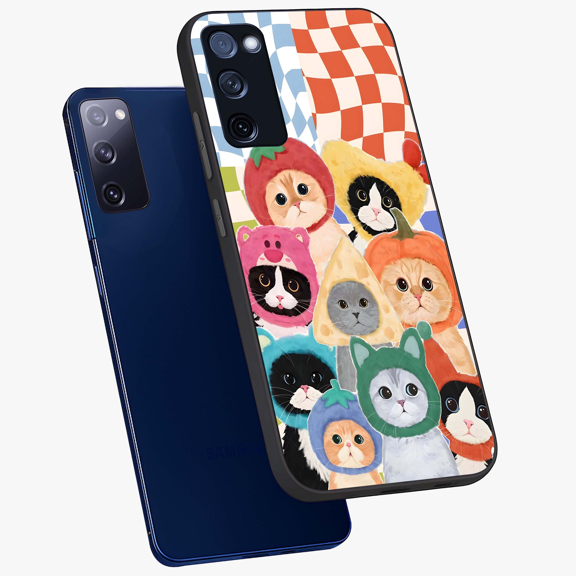 Cats in Fruits Glass Case displayed in angled mockup highlighting cute feline fruit design with colorful aesthetic style.