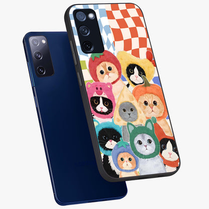 Cats in Fruits Glass Case displayed in angled mockup highlighting cute feline fruit design with colorful aesthetic style.
