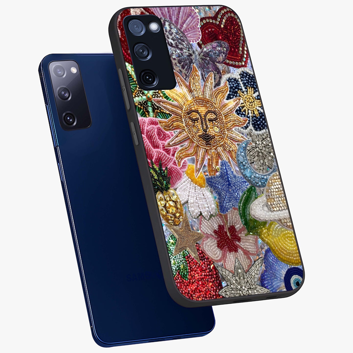 Celestial Floral and Playful Glass Case displayed in angled mockup highlighting playful floral design with dreamy celestial elements.