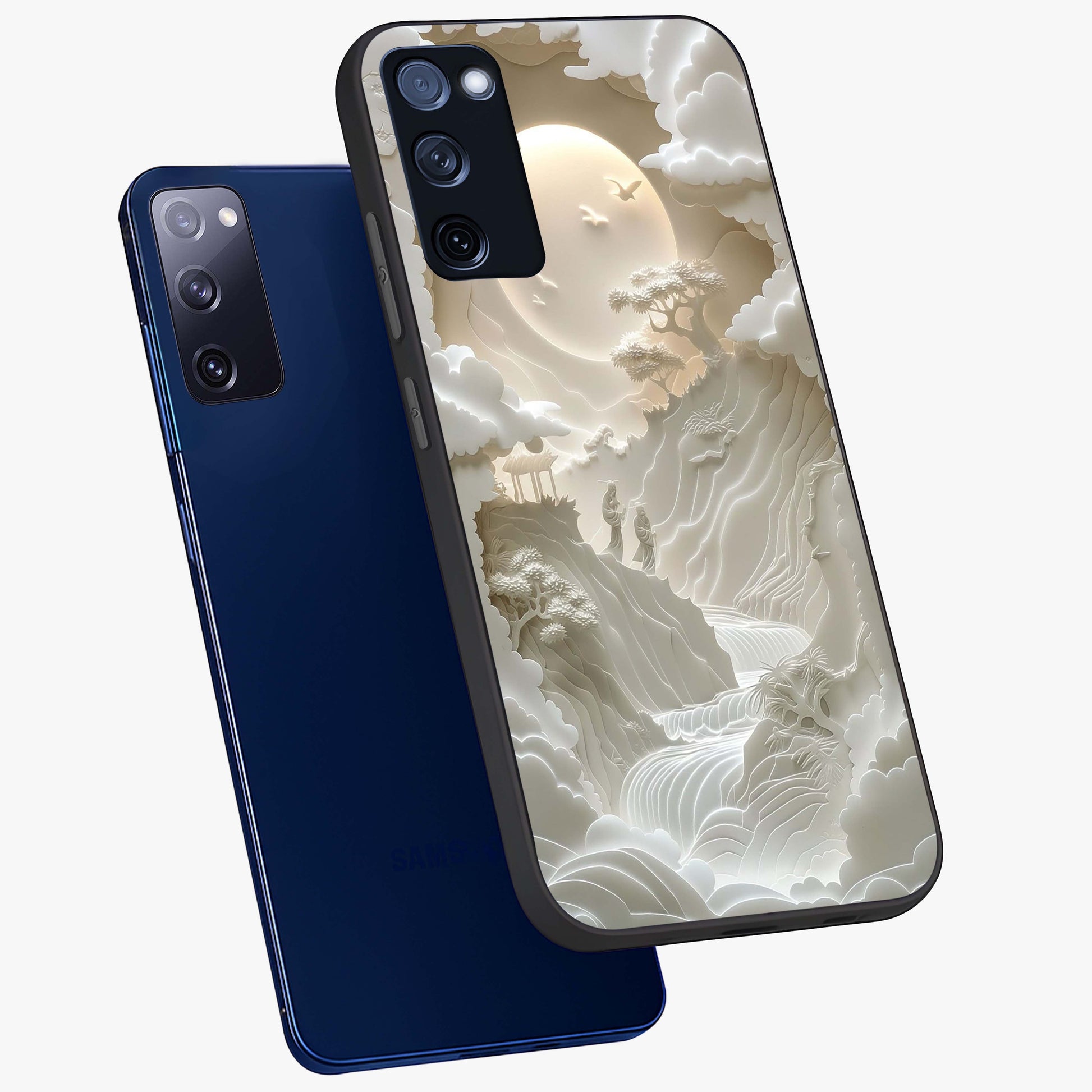 Celestial Origami Glass Case displayed in angled mockup highlighting geometric origami design with cosmic aesthetic theme.