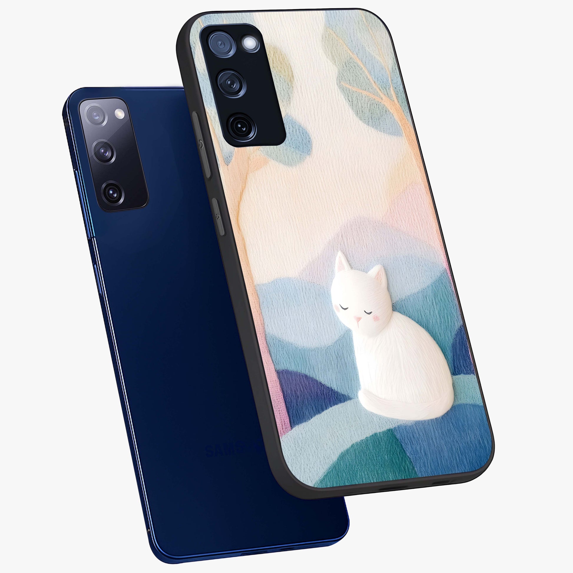 Cotton Dream Cat Glass Case displayed in angled mockup highlighting cute feline illustration with pastel aesthetic style.