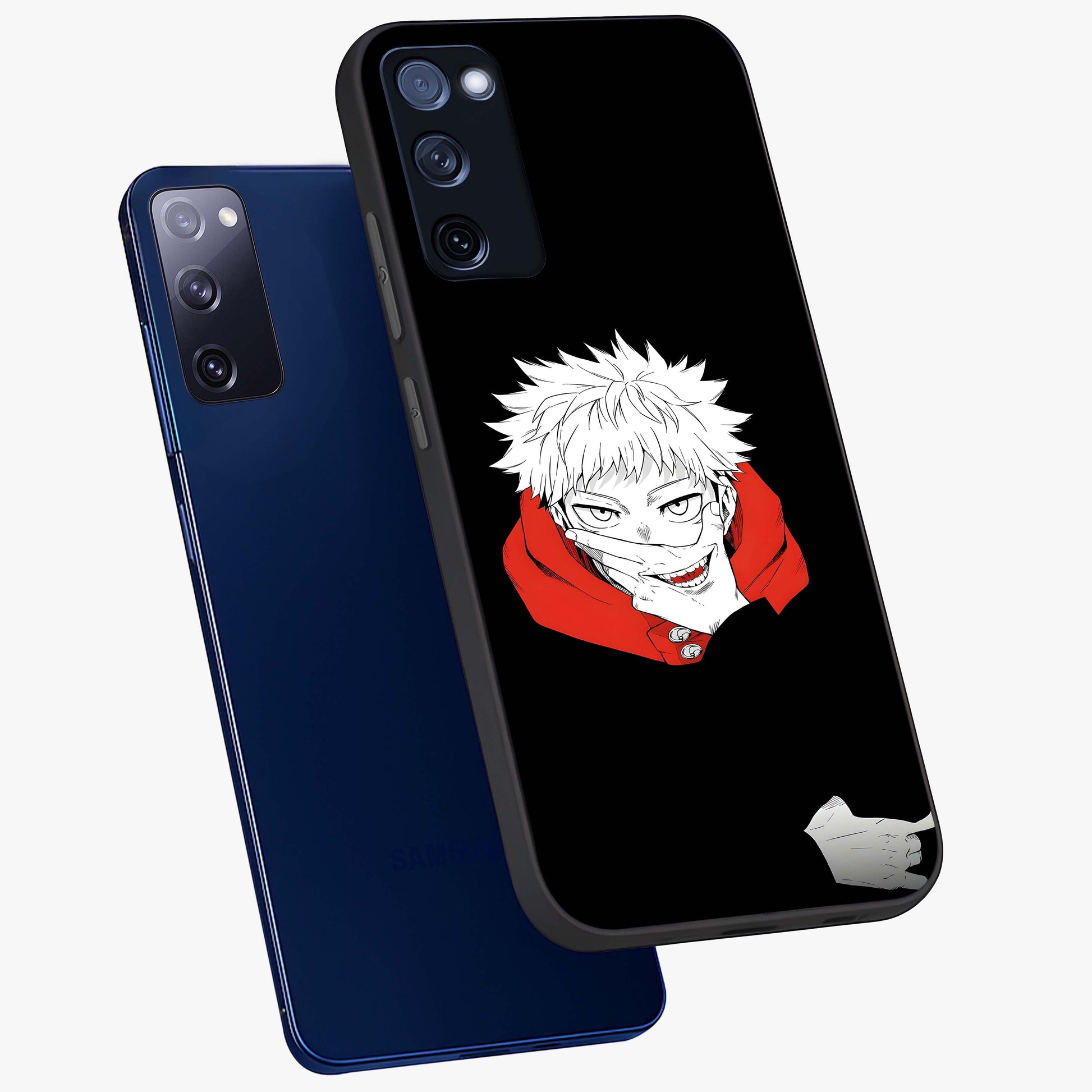 Crimson Chaos Smile Glass Case displayed in angled mockup highlighting edgy crimson smile design with graphic aesthetic.