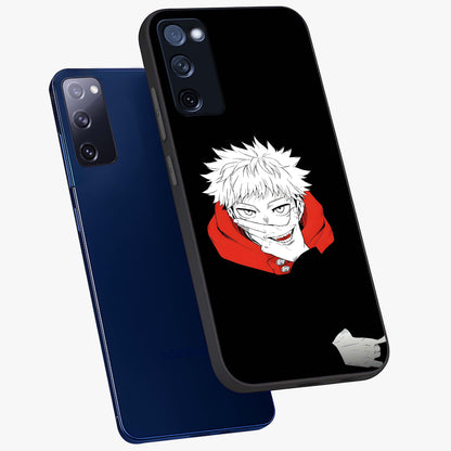 Crimson Chaos Smile Glass Case displayed in angled mockup highlighting edgy crimson smile design with graphic aesthetic.