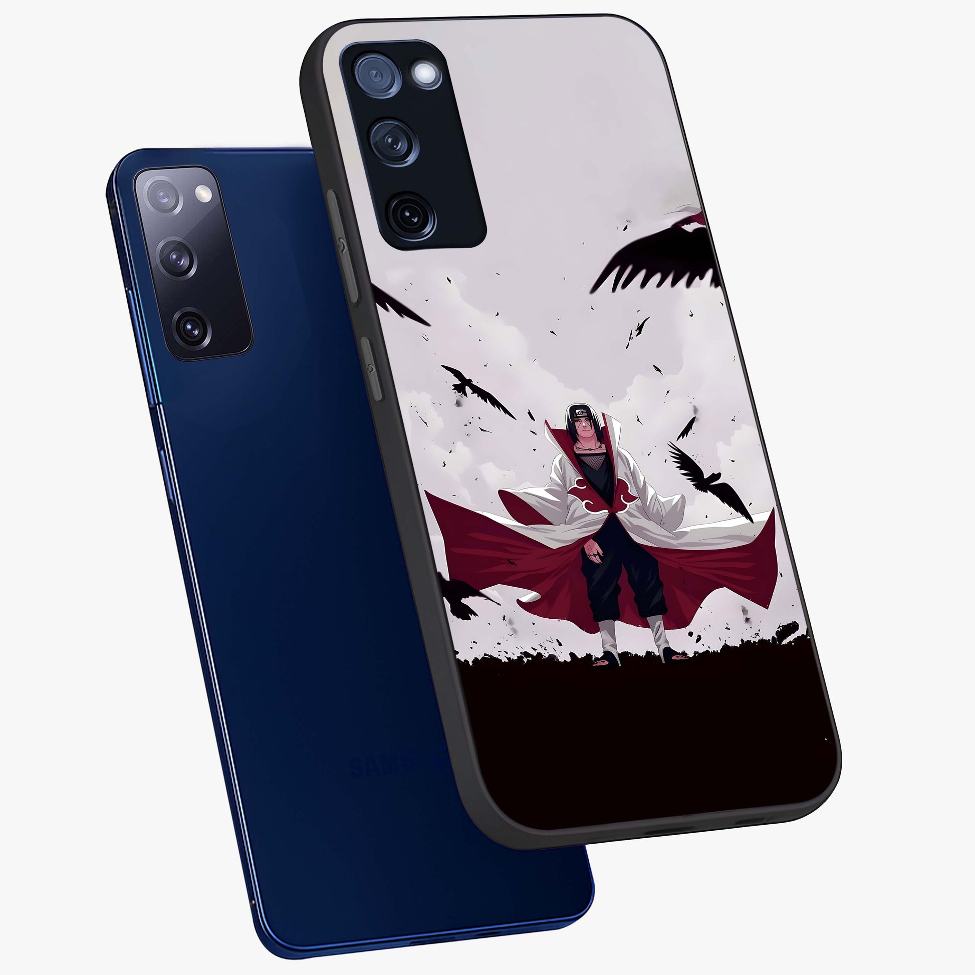 Crimson Crow Ascension Glass Case displayed in angled mockup highlighting powerful crow illustration with dark crimson aesthetic.