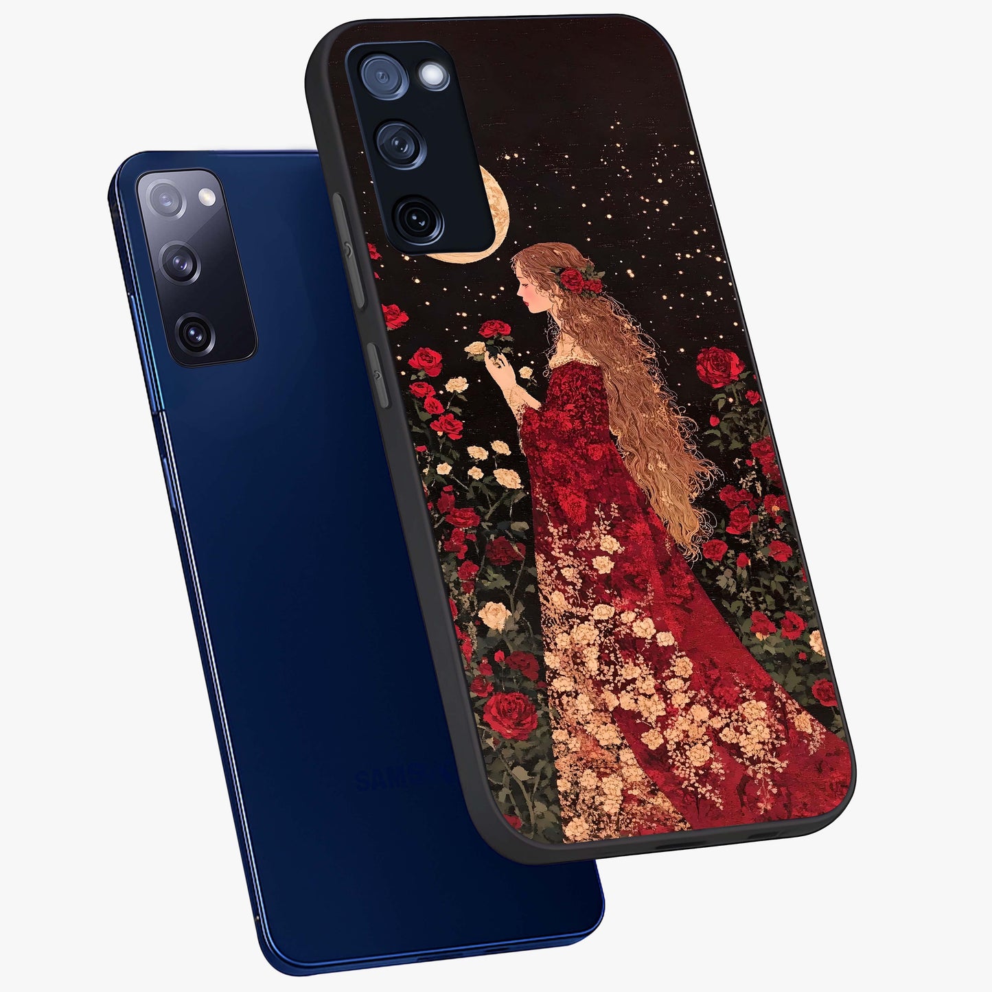 Crimson Dreams Glass Case displayed in angled mockup highlighting soft crimson aesthetic design with artistic theme.