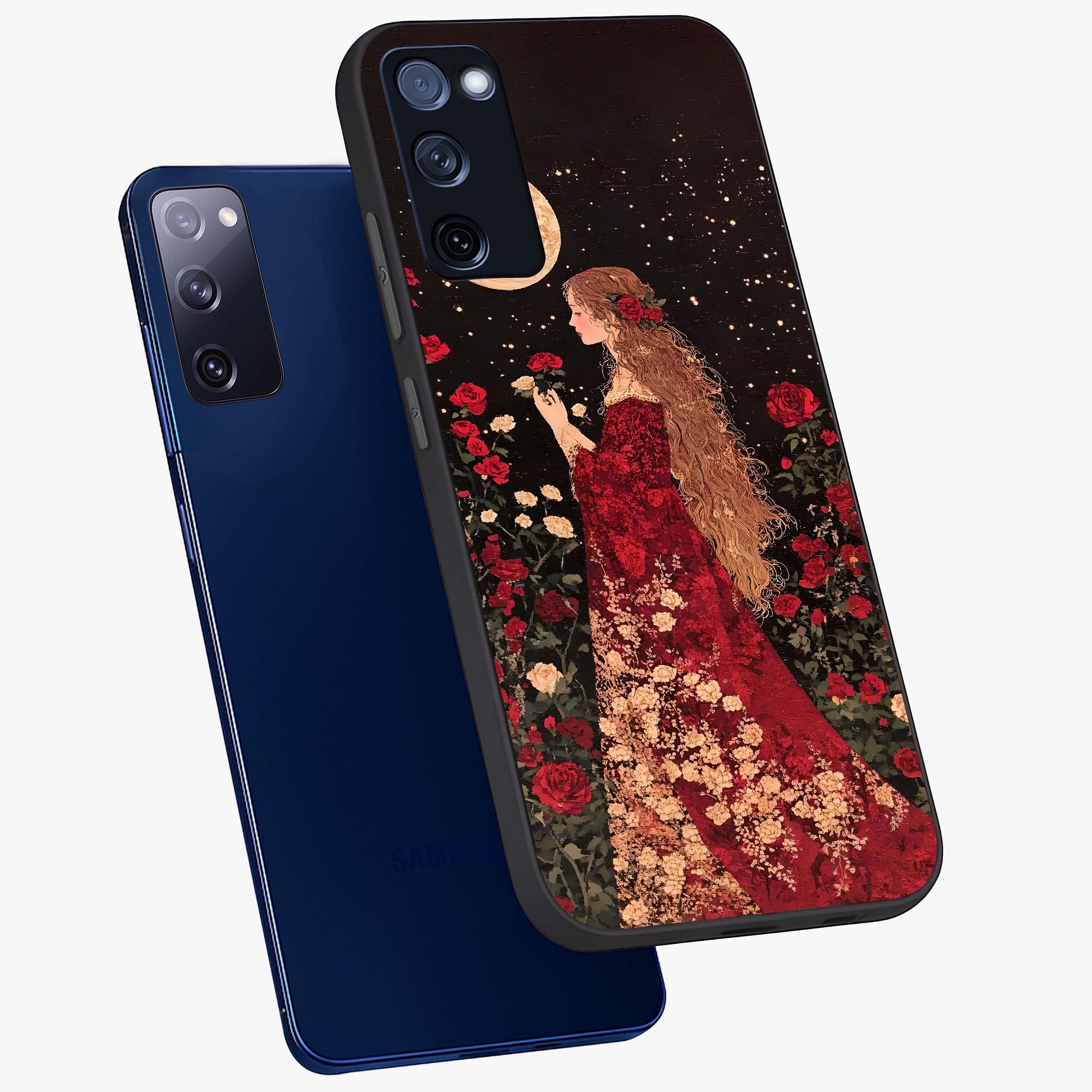 Crimson Dreams Glass Case displayed in angled mockup highlighting soft crimson aesthetic design with artistic theme.