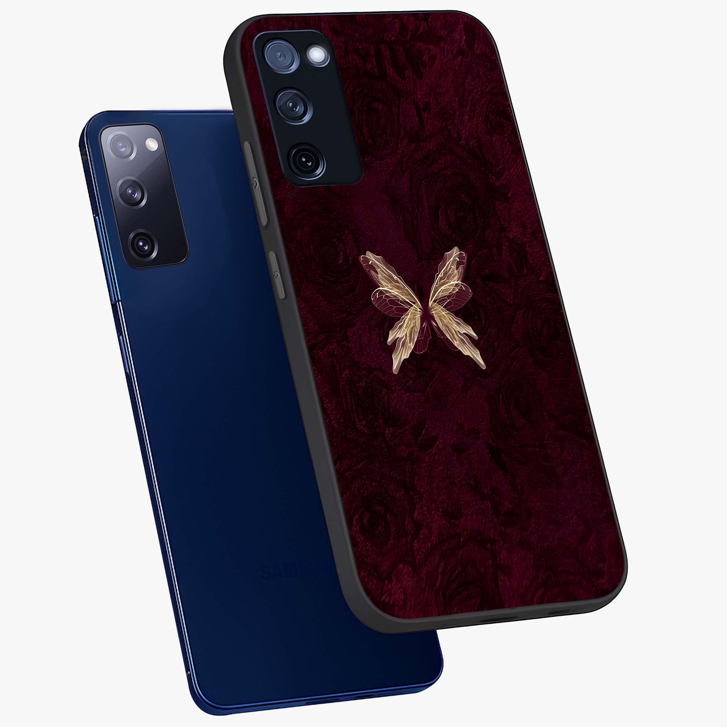 Crimson Fade Butterfly Glass Case displayed in angled mockup highlighting elegant butterfly design with crimson gradient aesthetic.