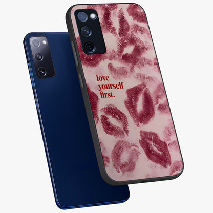 Crimson Kiss Love Glass Case displayed in angled mockup highlighting bold love inspired design with modern aesthetic style.