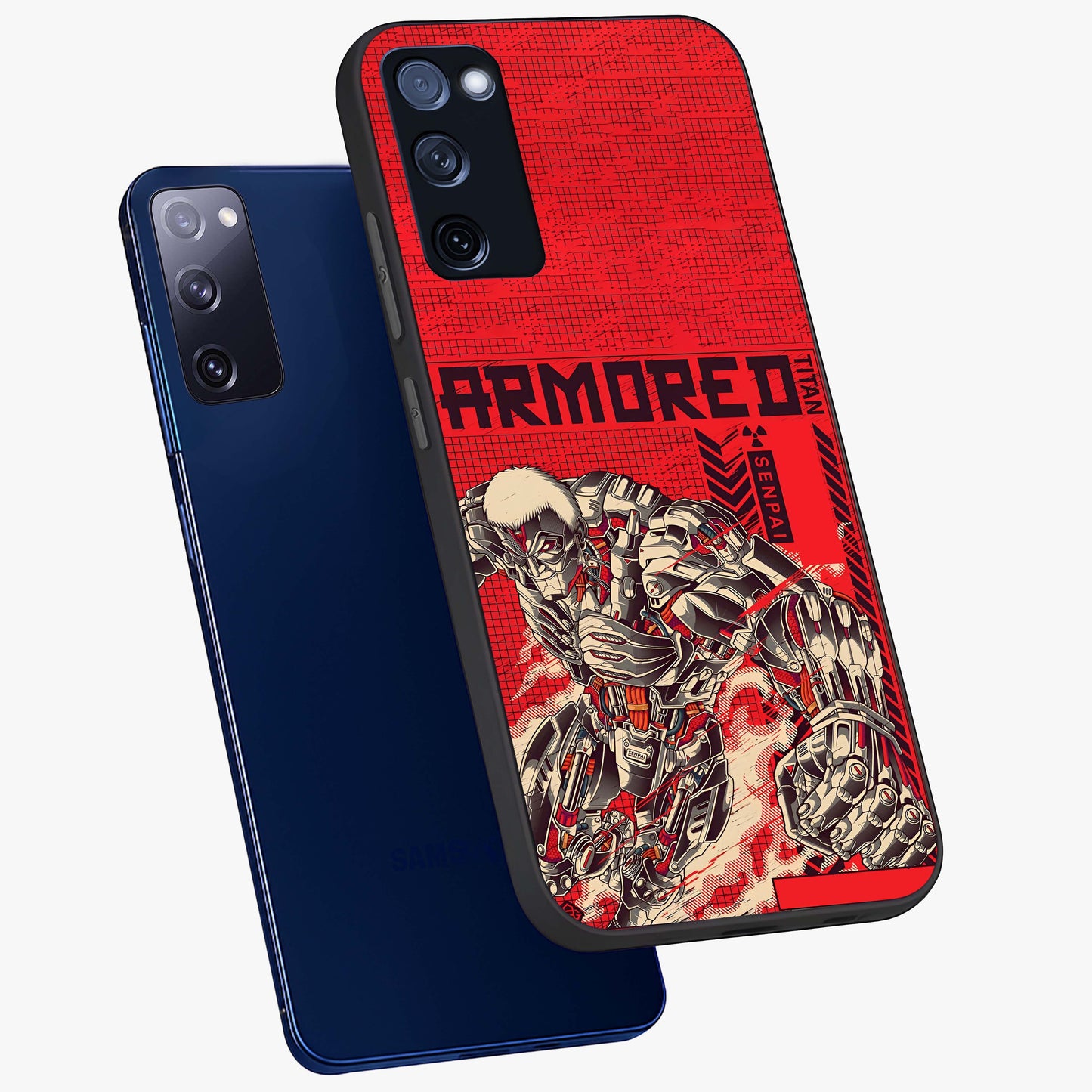 Crimson Mecha Titan Glass Case displayed in angled mockup highlighting futuristic mech illustration with bold crimson aesthetic.