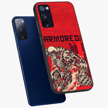 Crimson Mecha Titan Glass Case displayed in angled mockup highlighting futuristic mech illustration with bold crimson aesthetic.