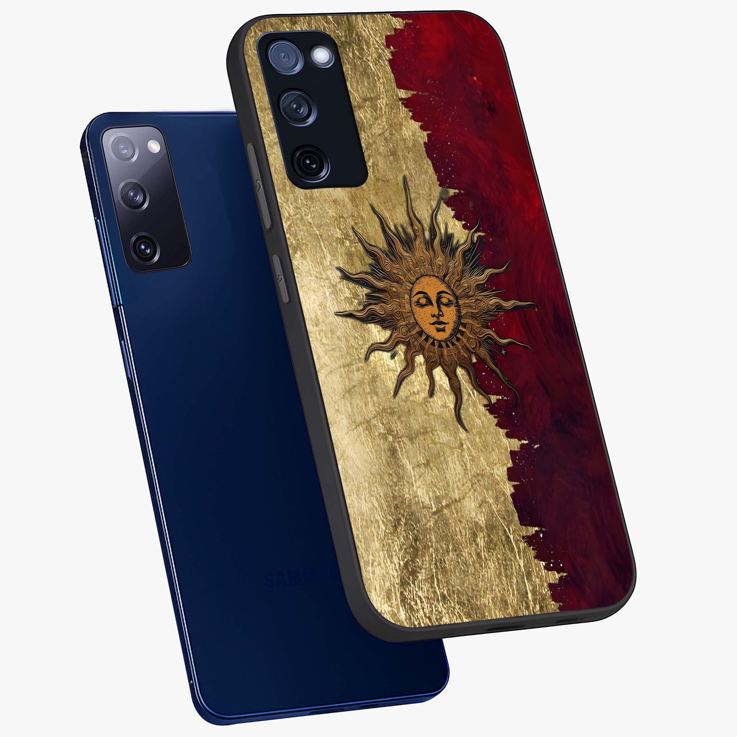 Crimson Sun Majesty Glass Case displayed in angled mockup highlighting majestic crimson sun design with bold aesthetic style.