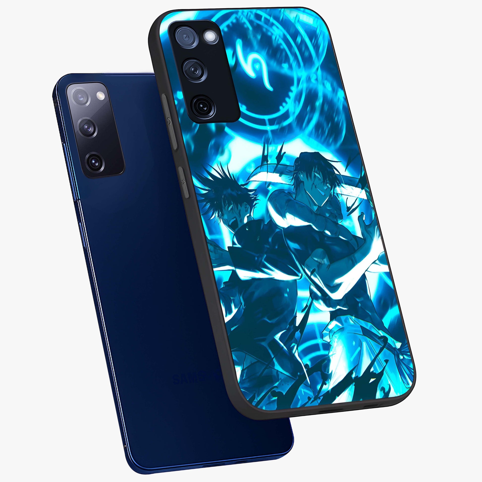 Cursed Energy Clash Glass Case displayed in angled mockup highlighting powerful battle inspired graphic with anime style aesthetic.