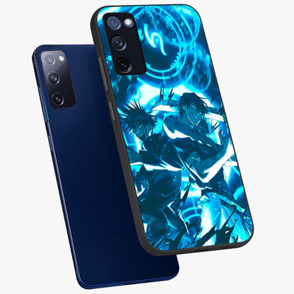 Cursed Energy Clash Glass Case displayed in angled mockup highlighting powerful battle inspired graphic with anime style aesthetic.