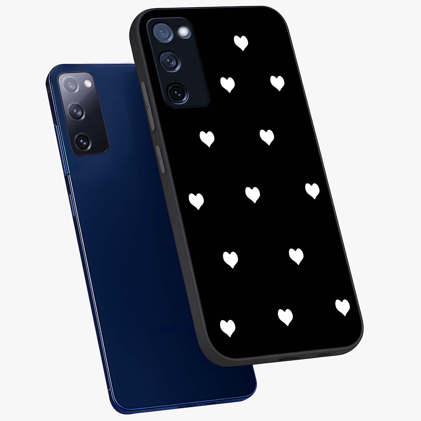 Cute And Simple White Hearts Glass Case displayed in angled mockup highlighting cute heart design with clean aesthetic style.