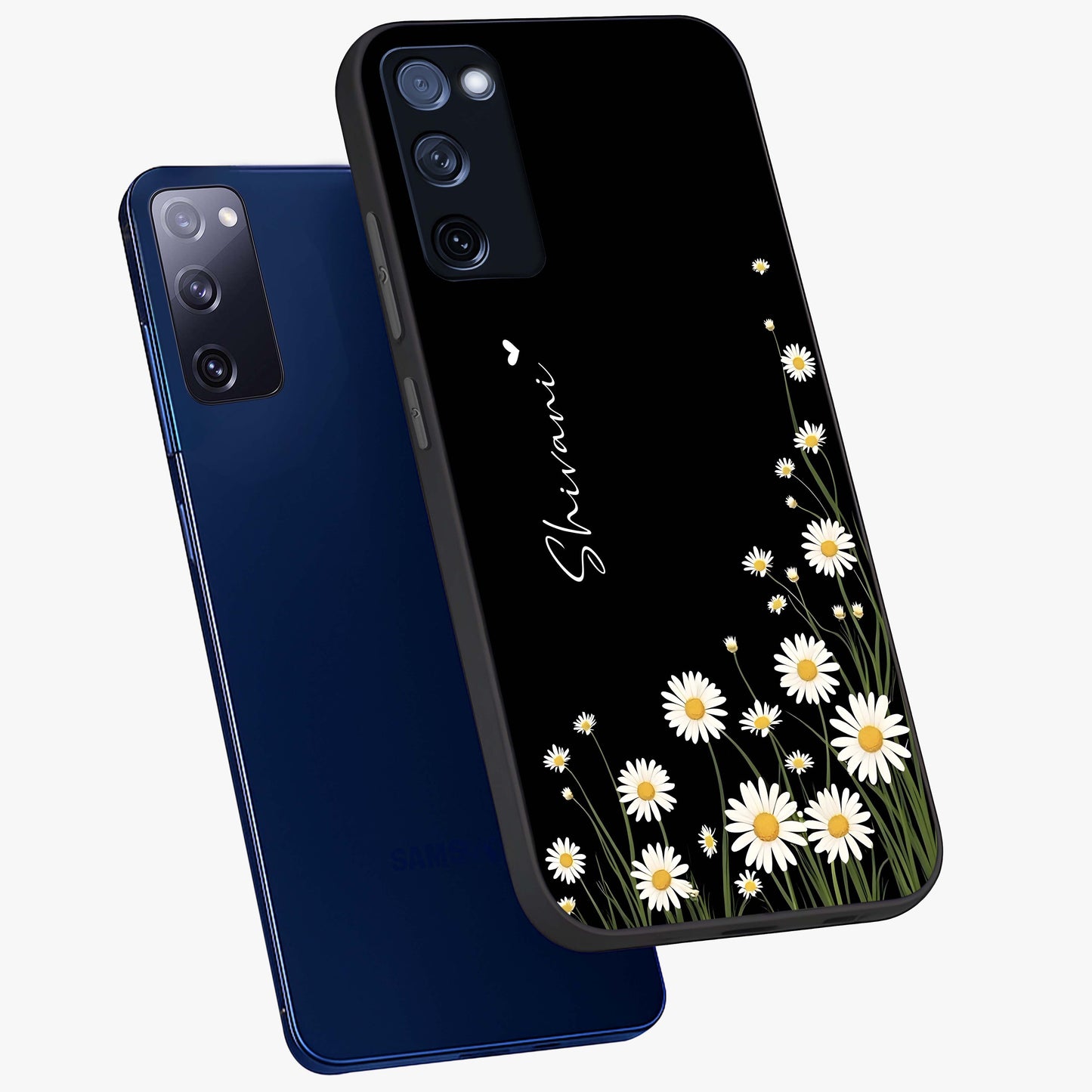 Daisy Cascade Custom Name Glass Case displayed in angled mockup highlighting delicate daisy artwork with custom name feature.