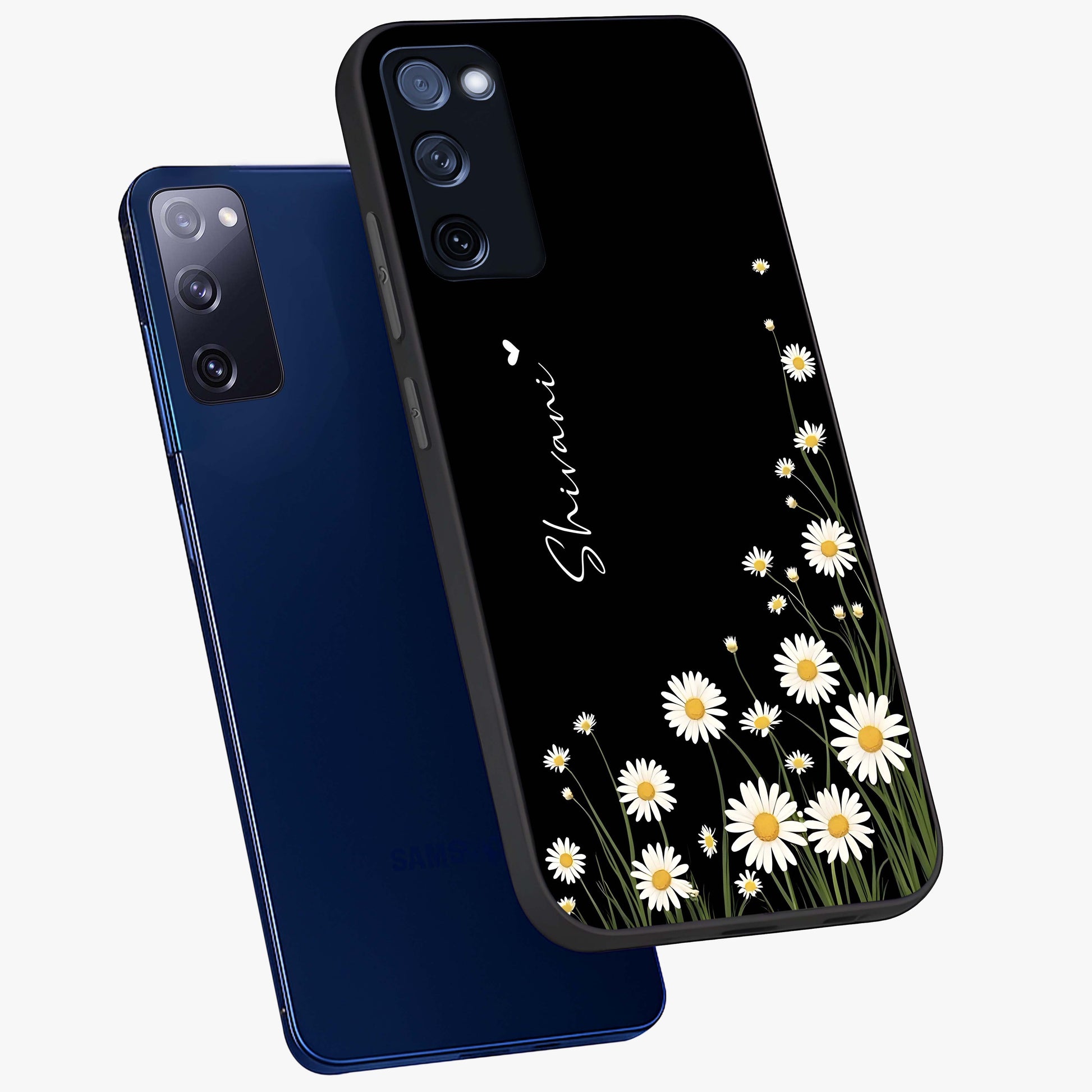 Daisy Cascade Custom Name Glass Case displayed in angled mockup highlighting delicate daisy artwork with custom name feature.