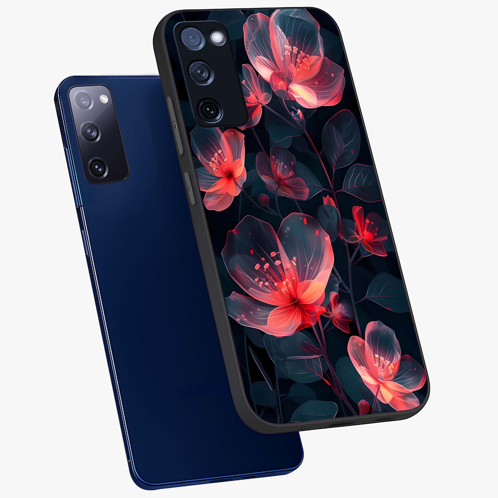 Dark Shade of Flower Glass Case displayed in angled mockup highlighting moody floral illustration with aesthetic dark tones.