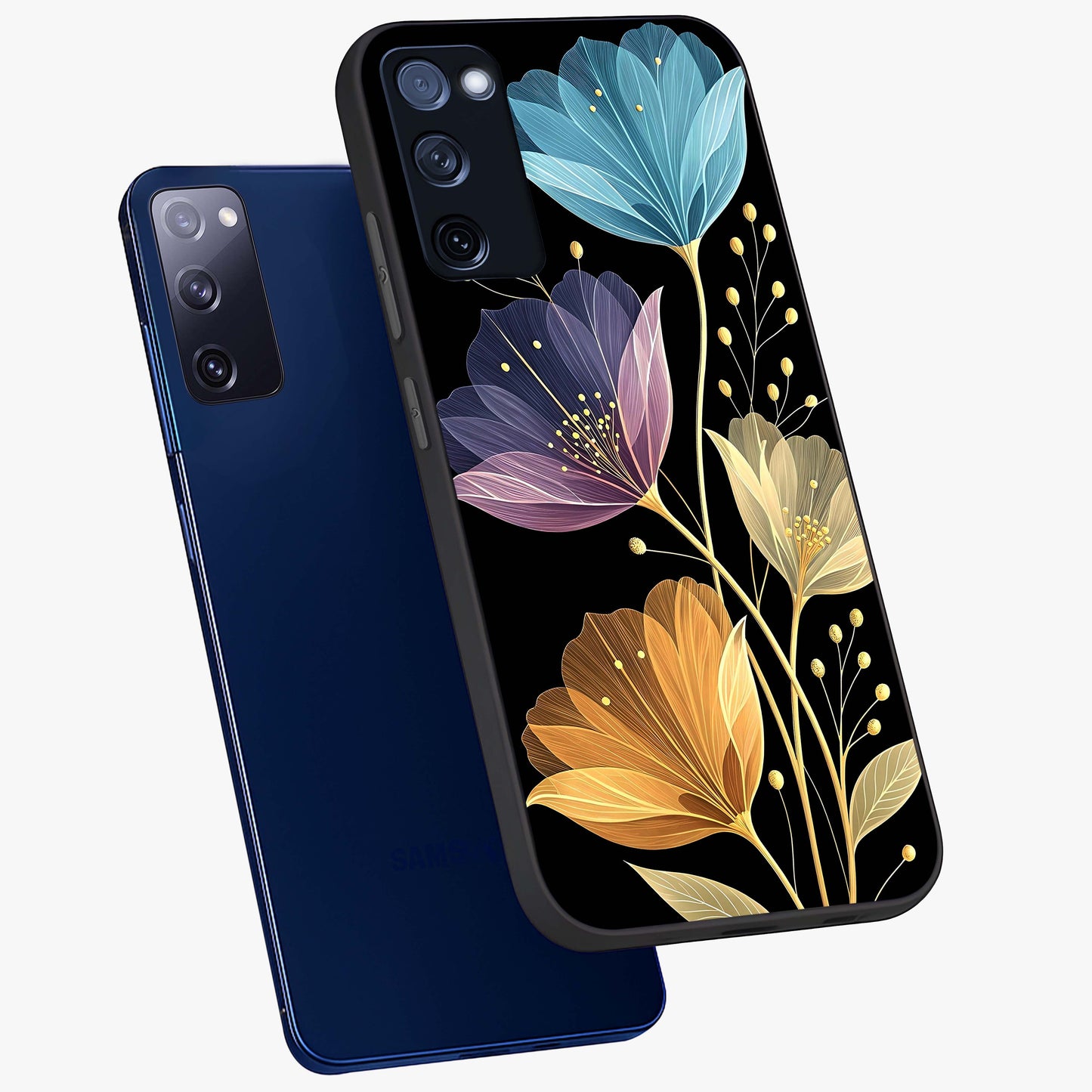 Delicate Multicolor Flowers Glass Case displayed in angled mockup highlighting colorful flower pattern with soft aesthetic style.