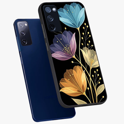 Delicate Multicolor Flowers Glass Case displayed in angled mockup highlighting colorful flower pattern with soft aesthetic style.