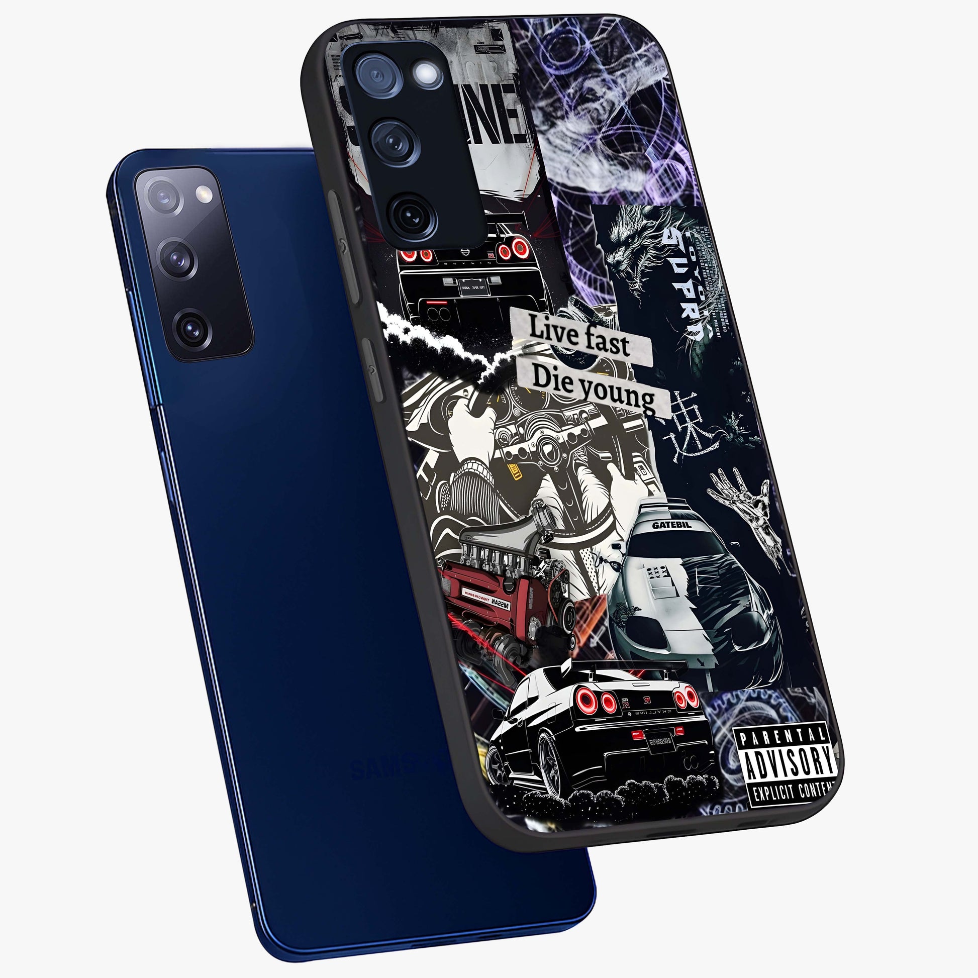 Die Young Glass Case displayed in angled mockup highlighting expressive graphic artwork with edgy aesthetic style.