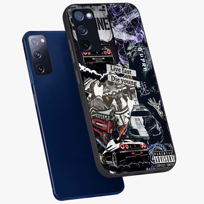 Die Young Glass Case displayed in angled mockup highlighting expressive graphic artwork with edgy aesthetic style.