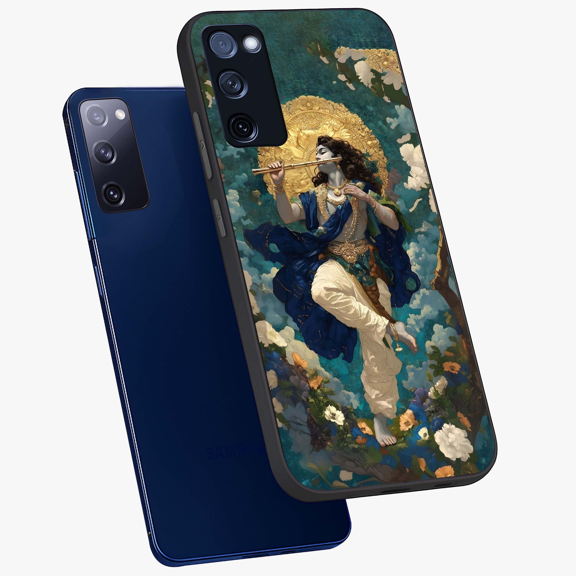 Divine Krishna Art Glass Case displayed in angled mockup highlighting spiritual Krishna illustration with devotional aesthetic.