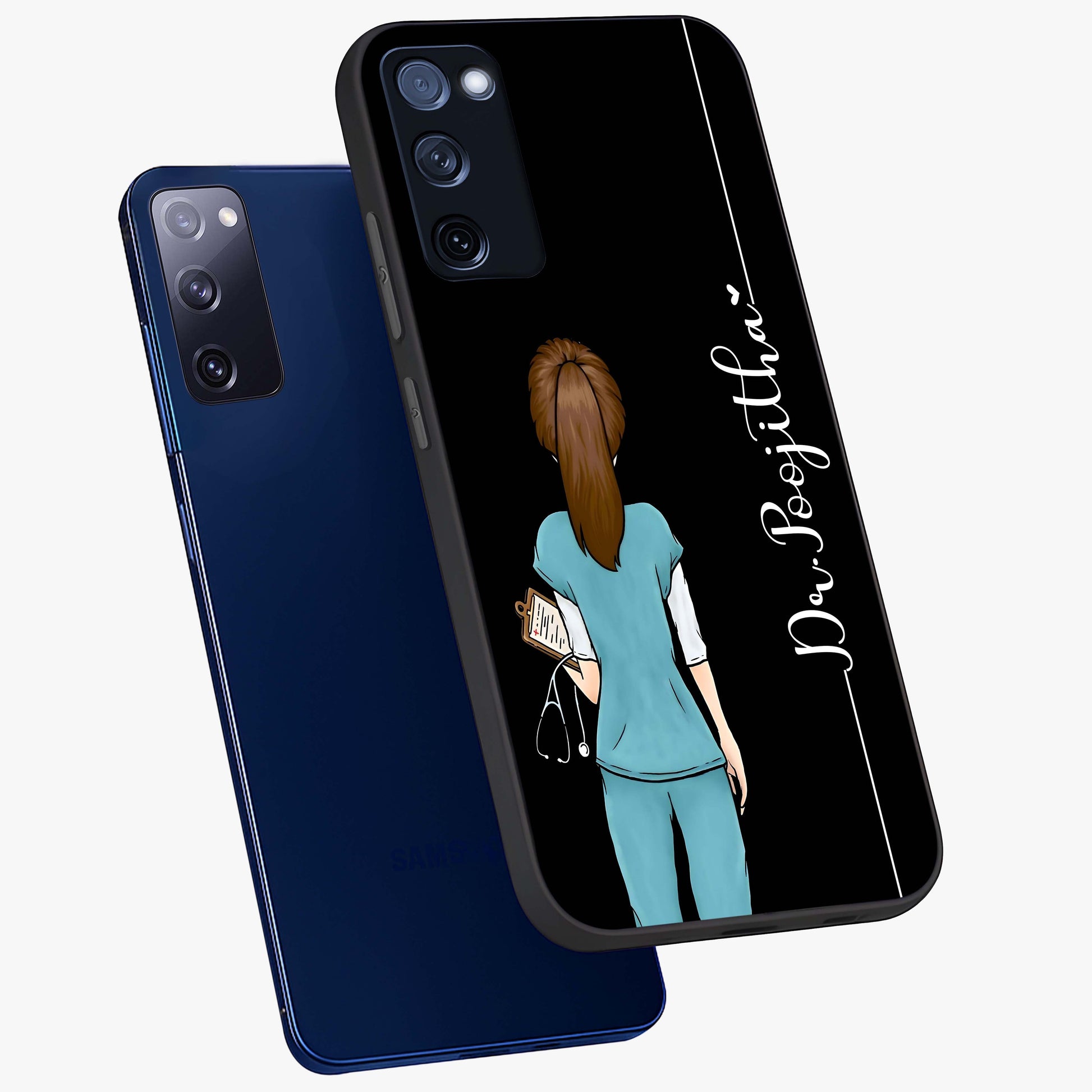 Doctor Pattern Custom Name Glass Case displayed in angled mockup highlighting doctor inspired artwork with custom name feature.