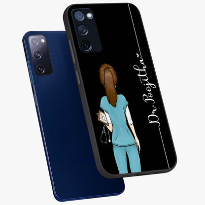 Doctor Pattern Custom Name Glass Case displayed in angled mockup highlighting doctor inspired artwork with custom name feature.
