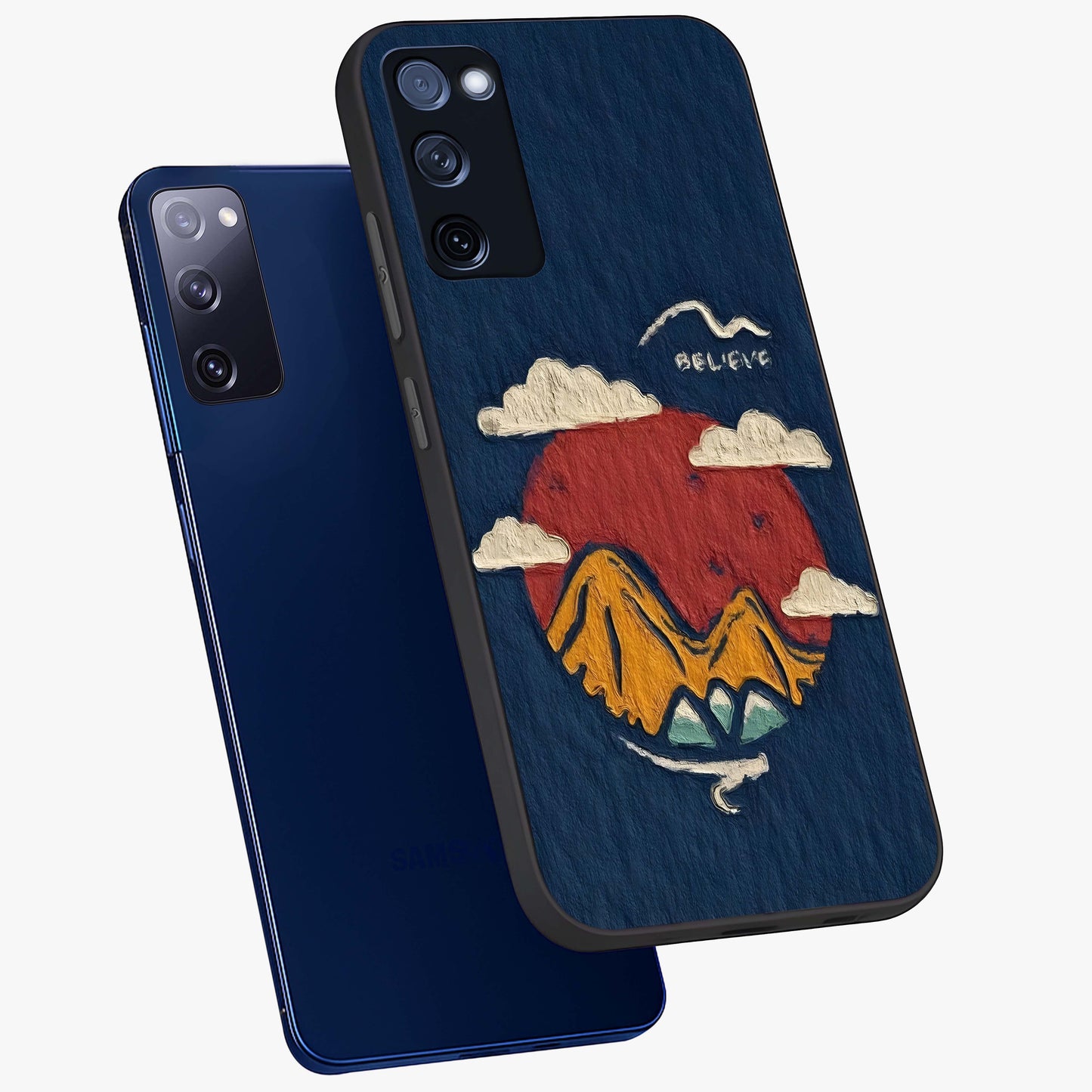 Dream Beyond Mountains Glass Case displayed in angled mockup highlighting dreamy mountain illustration with peaceful aesthetic.