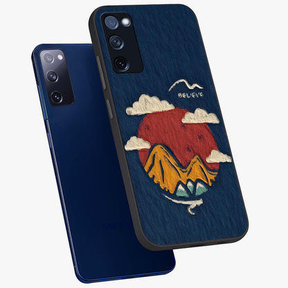 Dream Beyond Mountains Glass Case displayed in angled mockup highlighting dreamy mountain illustration with peaceful aesthetic.