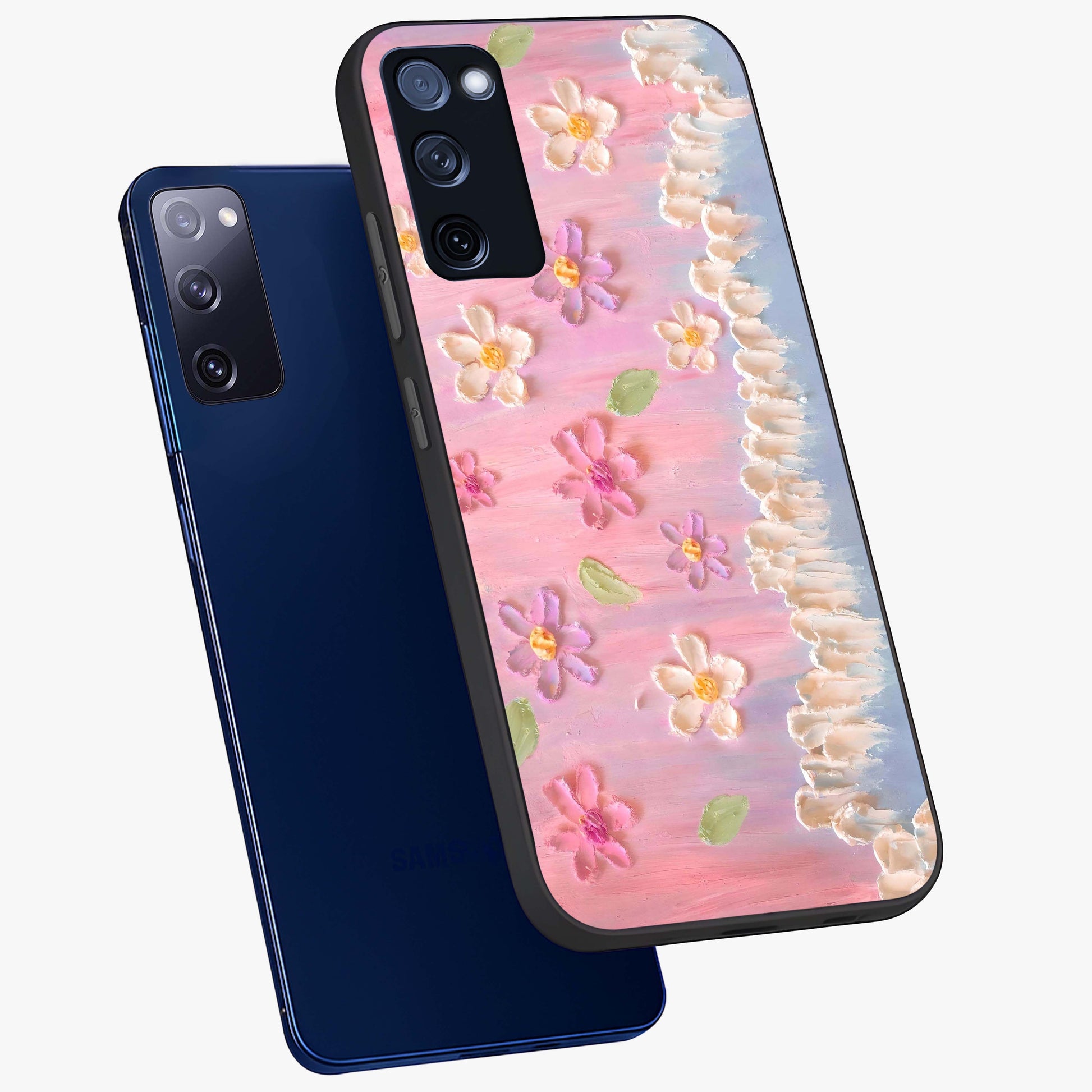 Dreamy Painted Garden Glass Case displayed in angled mockup highlighting colorful garden illustration with dreamy aesthetic style.