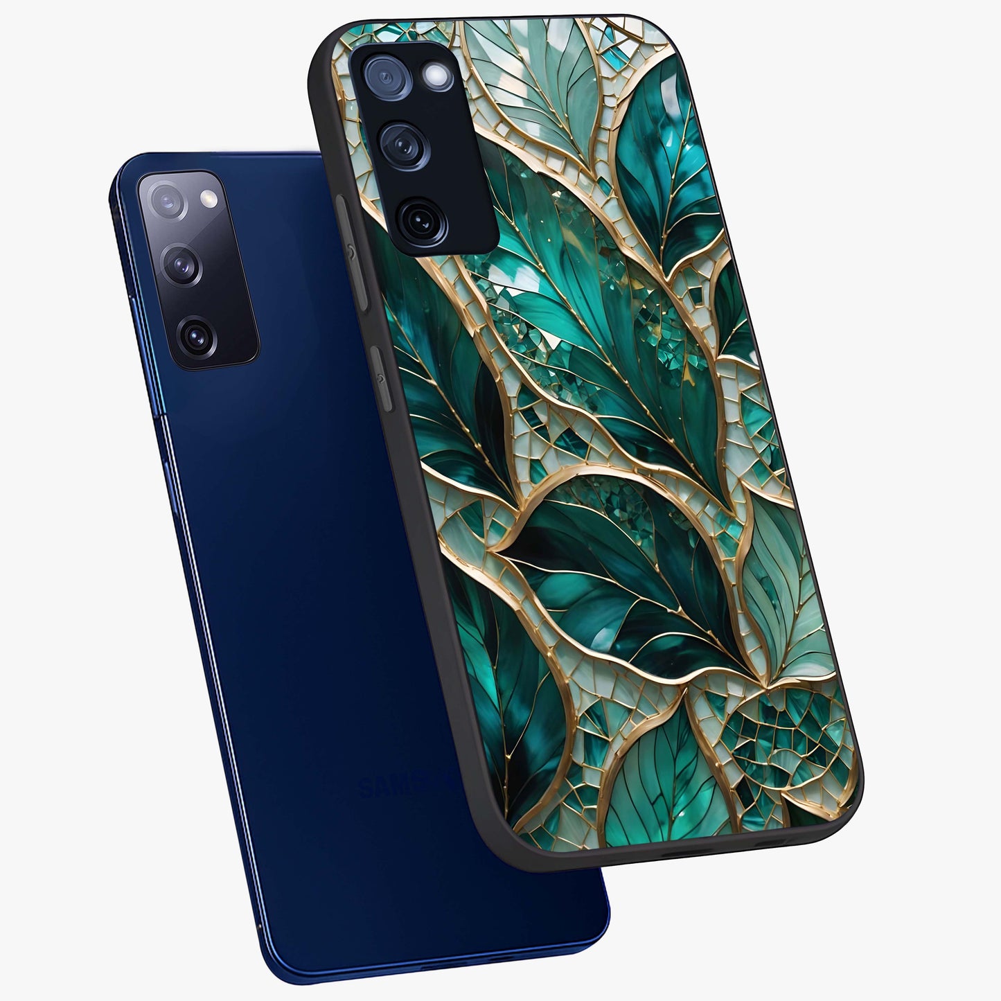 Emerald Leaf Glass Glass Case displayed in angled mockup highlighting botanical leaf illustration with elegant natural aesthetic.