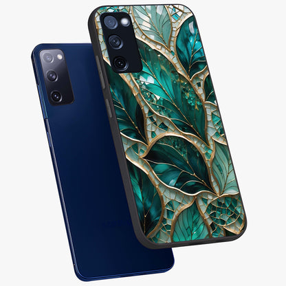 Emerald Leaf Glass Glass Case displayed in angled mockup highlighting botanical leaf illustration with elegant natural aesthetic.
