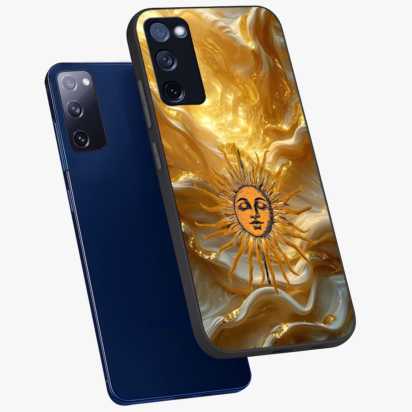 Eternal Golden Glow Glass Case displayed in angled mockup highlighting glowing golden aesthetic design with elegant style.