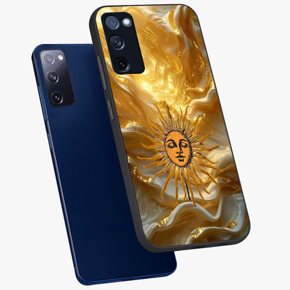 Eternal Golden Glow Glass Case displayed in angled mockup highlighting glowing golden aesthetic design with elegant style.