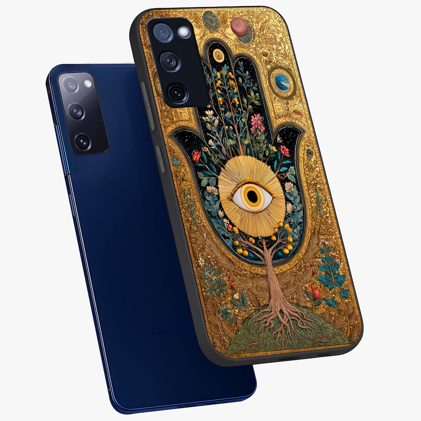 Ethereal Evil Eye Glass Case displayed in angled mockup highlighting protective evil eye symbol with spiritual aesthetic design.