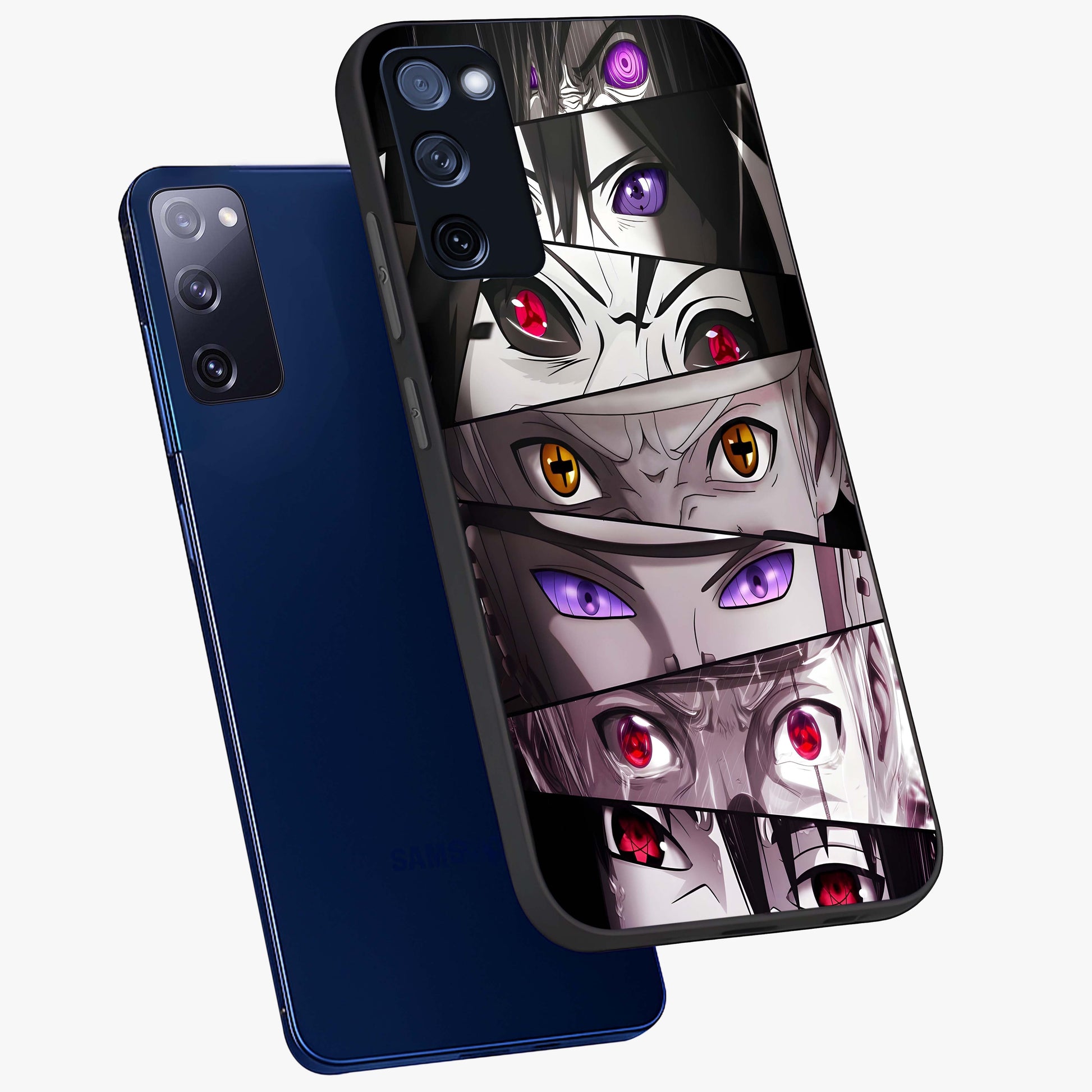 Eyes of Destiny Glass Case displayed in angled mockup highlighting bold eye illustration with mystical aesthetic style.