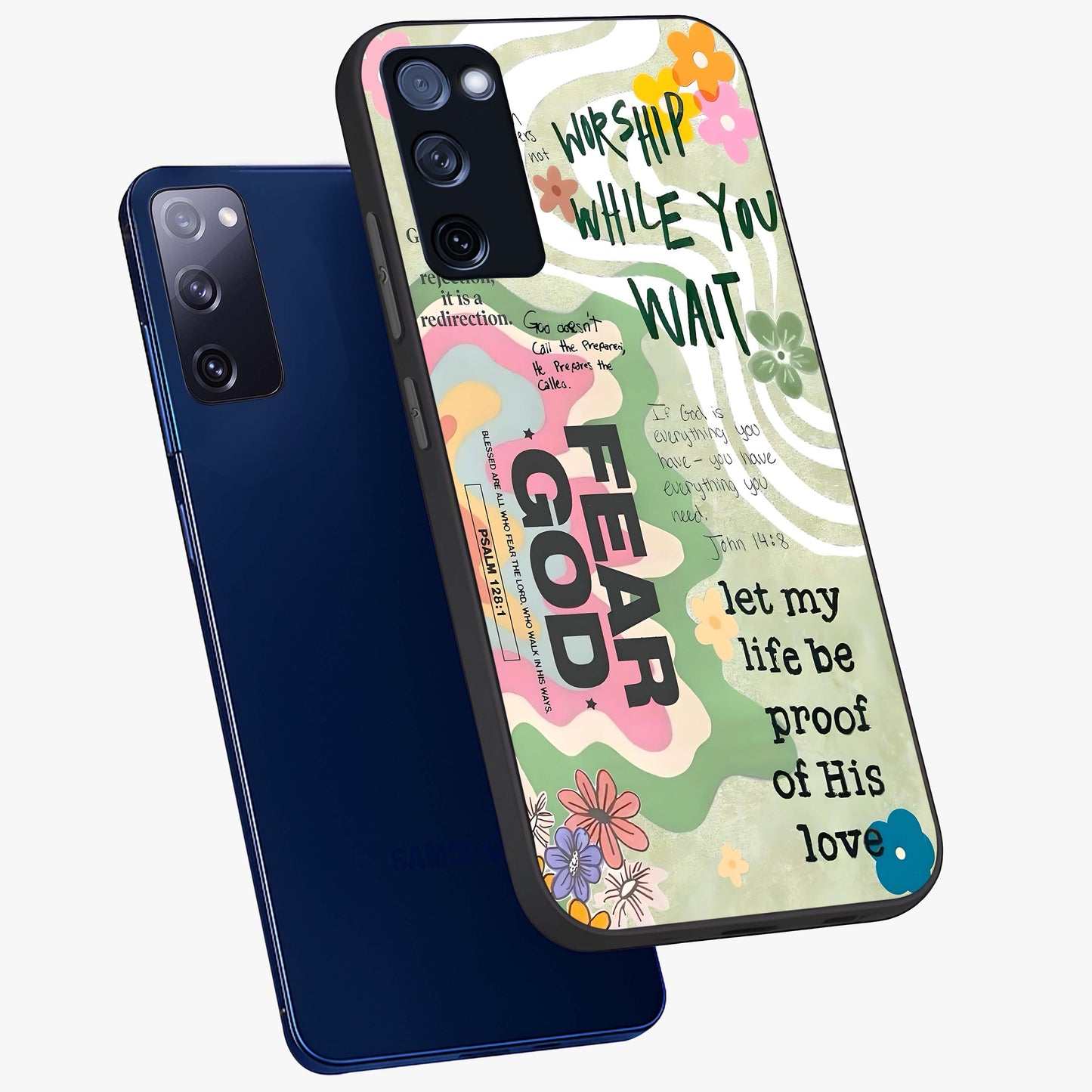 Faith Over Fear Glass Case displayed in angled mockup highlighting inspirational message design with modern aesthetic style.