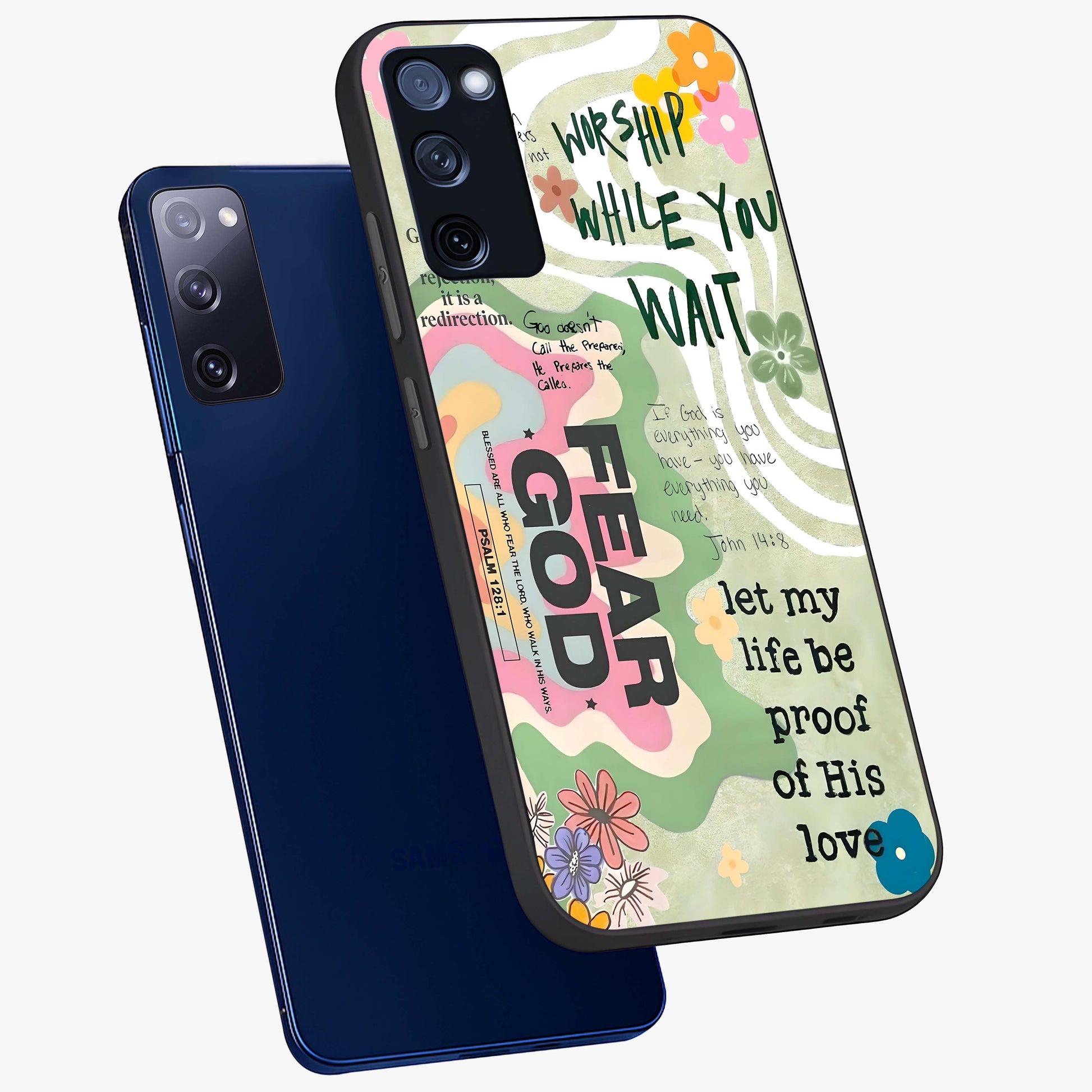 Faith Over Fear Glass Case displayed in angled mockup highlighting inspirational message design with modern aesthetic style.