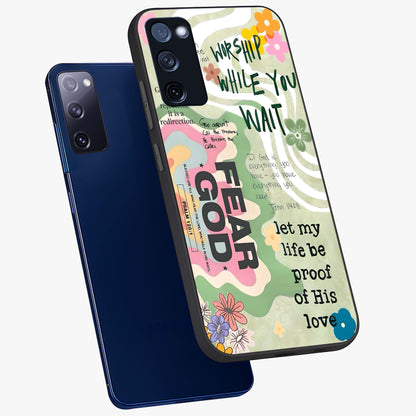Faith Over Fear Glass Case displayed in angled mockup highlighting inspirational message design with modern aesthetic style.