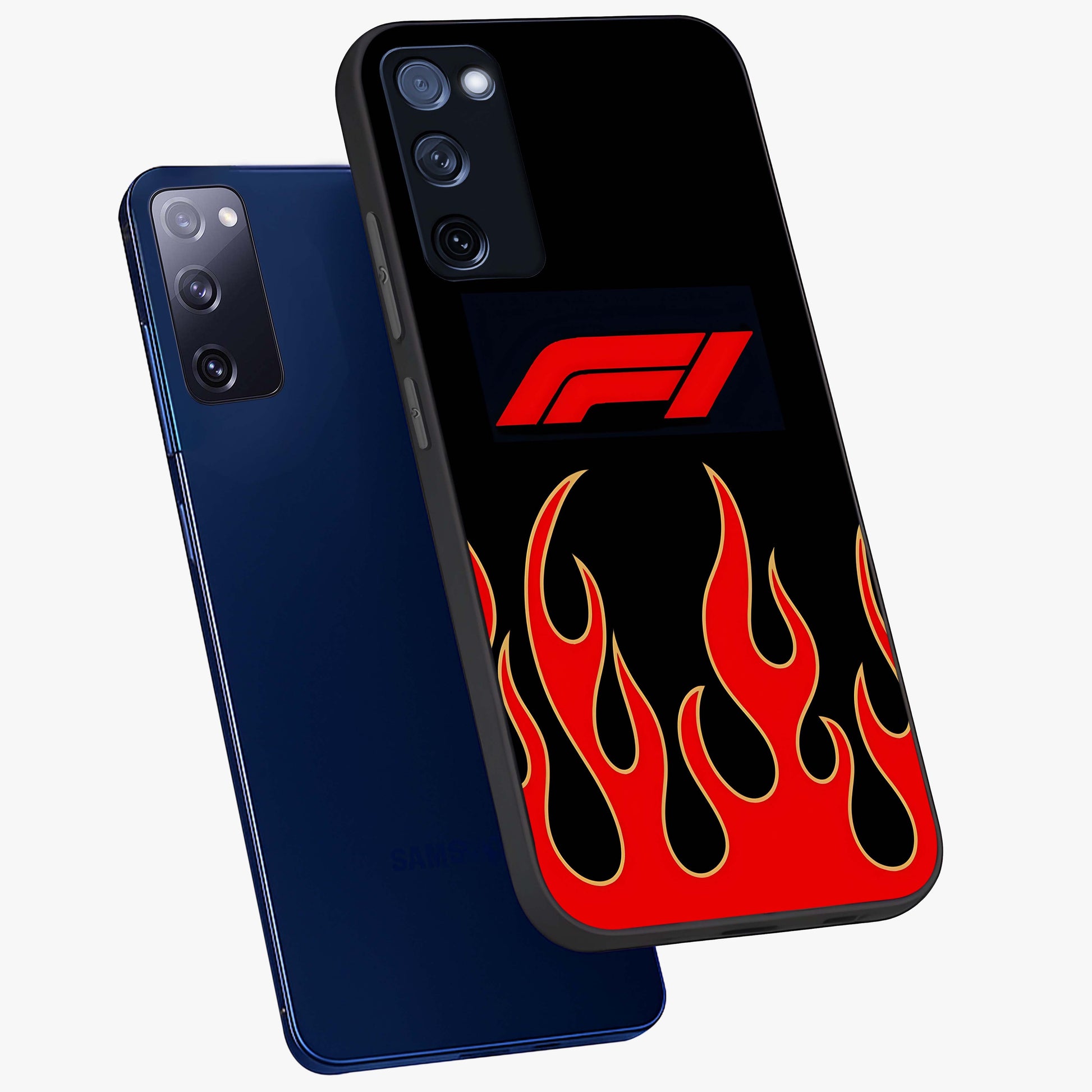 Fire F11 Glass Case displayed in angled mockup highlighting bold fire inspired graphic with energetic aesthetic style.