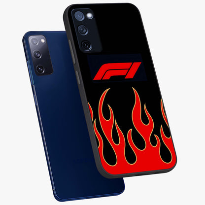 Fire F11 Glass Case displayed in angled mockup highlighting bold fire inspired graphic with energetic aesthetic style.