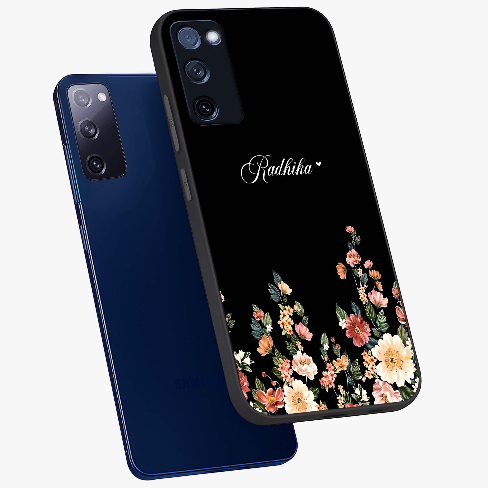 Floral Design With a Custom Personalized Name Glass Case displayed in angled mockup highlighting elegant floral pattern with custom name feature.