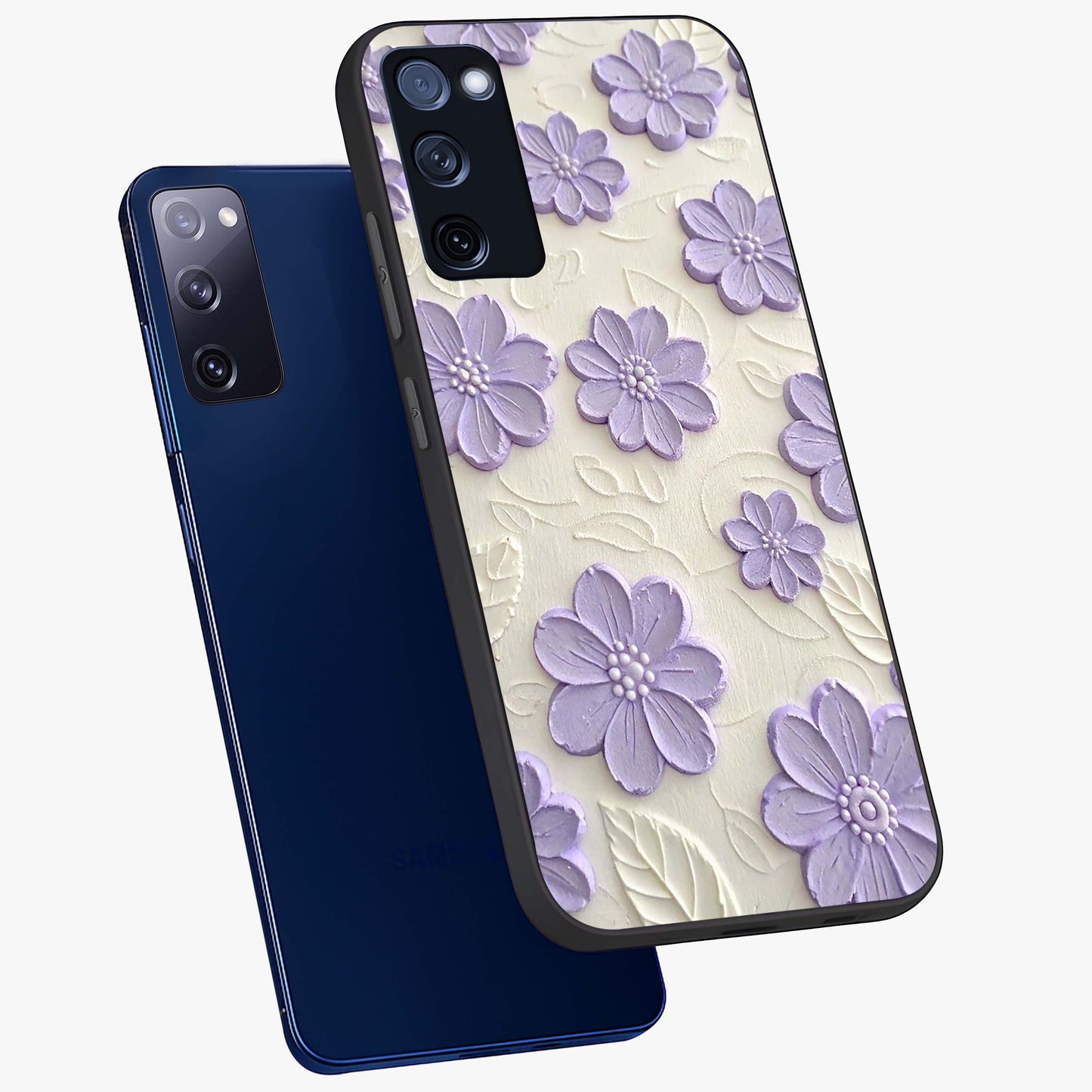 Floral Wall Art With Purple Flowers Glass Case displayed in angled mockup highlighting vibrant purple floral illustration with artistic aesthetic.