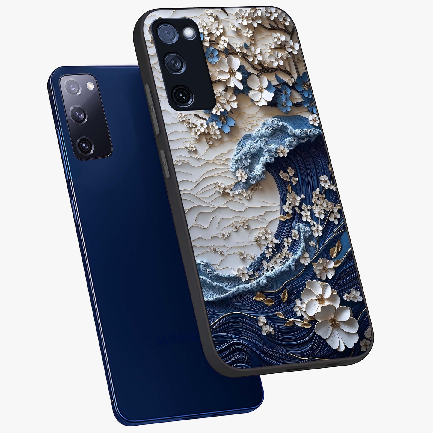 Floral Wave Origami Glass Case displayed in angled mockup highlighting geometric origami flower design with modern aesthetic style.