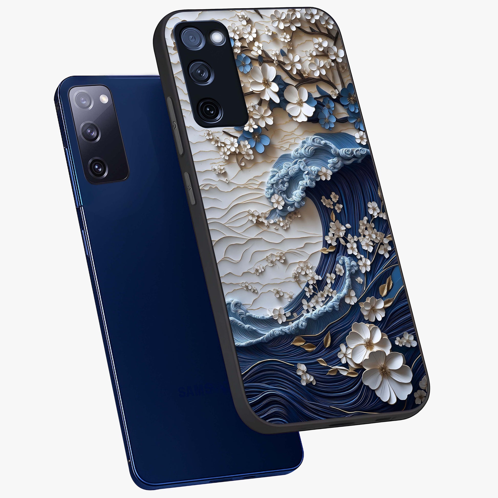 Floral Wave Origami Glass Case displayed in angled mockup highlighting geometric origami flower design with modern aesthetic style.