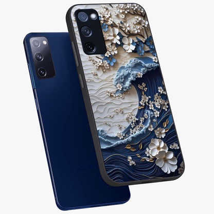 Floral Wave Origami Glass Case displayed in angled mockup highlighting geometric origami flower design with modern aesthetic style.